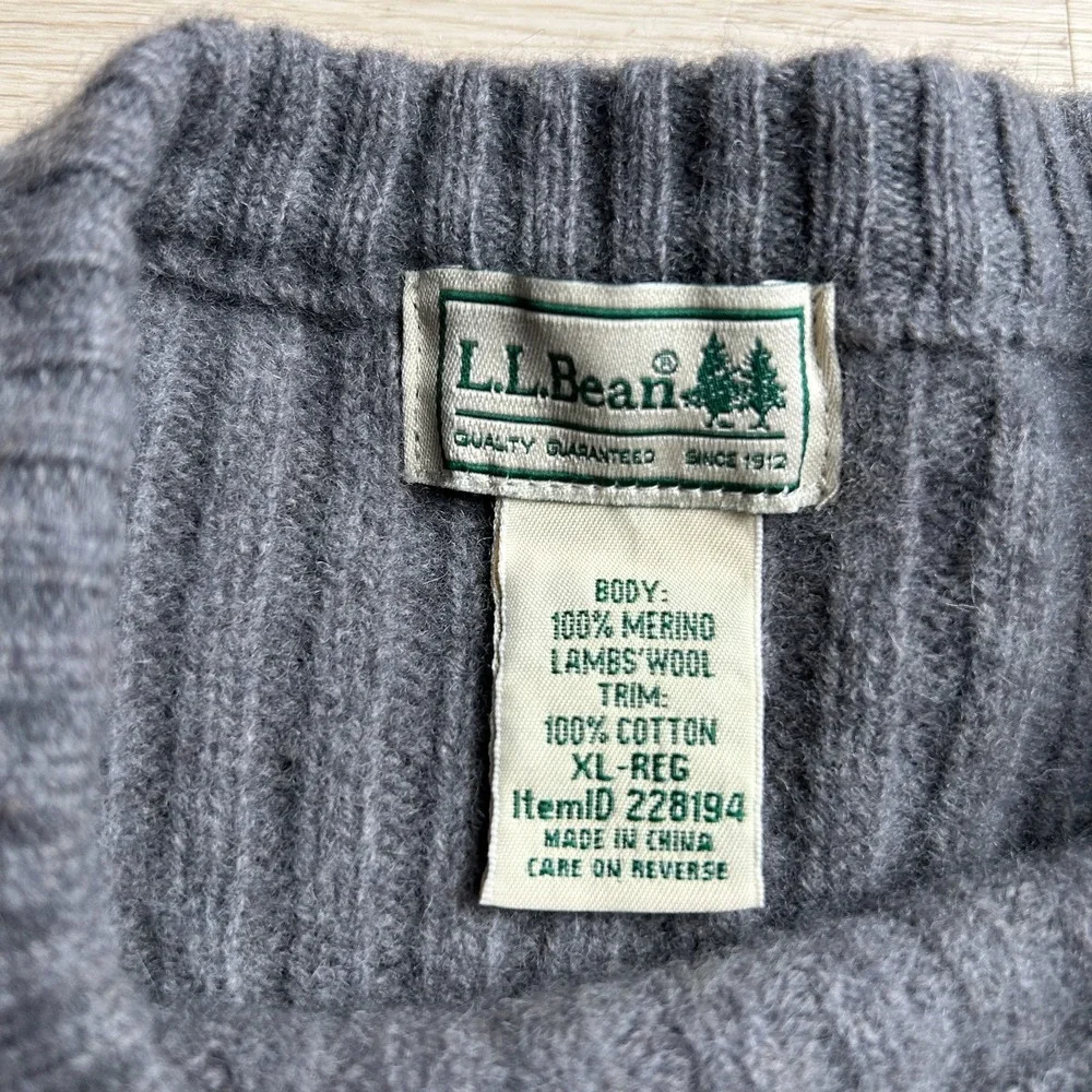 LL Bean Mens XL Grey 100% Merino Lambswool Commando Sweater Wool Ribbed 228194
